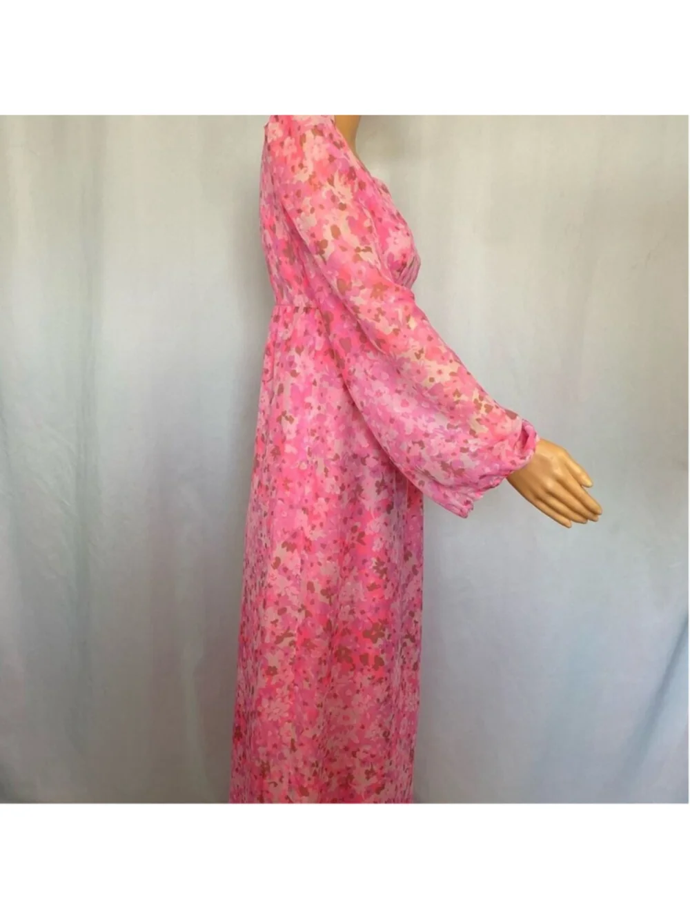 Vintage 60s Pink Floral Maxi Dress Sheer Chiffon Flower power psychedelic Women - Picture 2 of 10